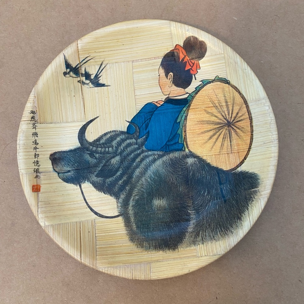 Vintage, Hand-Painted Bamboo  with Girl and Water Buffalo, Rep. of China